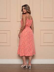Women's Long Strap Dress | Crepe With Elastec L Flower I Off The Shoulder. - Coral Orange - View 5