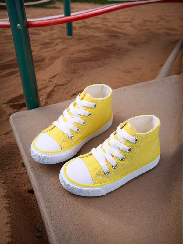 Breathable Mid-Top Canvas Sneakers, Flat Comfortable Children Sport Shoes Lace-Up For Boys & Girls