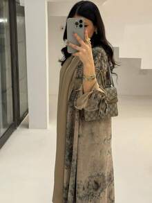 Women's Long Chiffon Printed Abaya With Headscarf, Long Sleeve Robe - Apricot - View 3