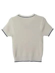 Casual V-Neck Short Sleeve Knit Top, Contrast Ribbed Slim Fit, Versatile For Daily Wear And Dates - Apricot - View 3