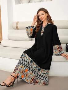 Elegant Contrast Color Print Turkish Style Women Long Sleeve Dress