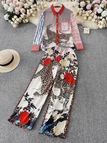 Women's Spring And Summer Thin Two Pieces Casual Leopard Print Long Sleeve Shirt And Pants Two Pieces Suit