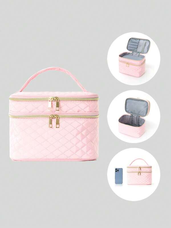 Dual-Layer Makeup Bag With High Capacity, High-End Look, Handheld Travel Toiletry Organizer