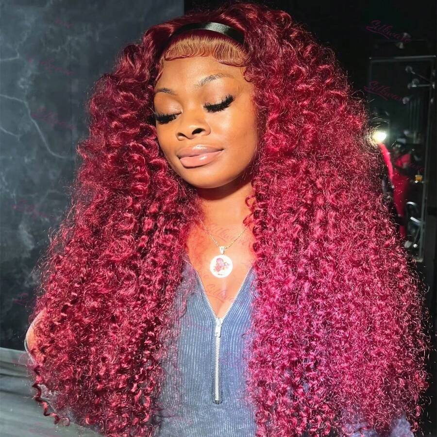 Burgundy Curly 13x4 Hd Lace Frontal Wig Human Hair Brazilian 13x4 Water Deep Wave 99J Red Colored Wig For Women 30 34Inch - S99J - 查看 1