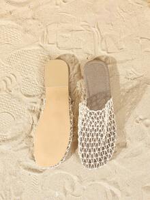 Women's Rope Strap Open Toe Sandals, Women's Flat Sandals. Mesh & Woven Breathable Women's Slippers, Solid Color Vacation Fabric Net Patchwork Beach Party Indoor/Outdoor, Spring/Summer - Apricot - View 5