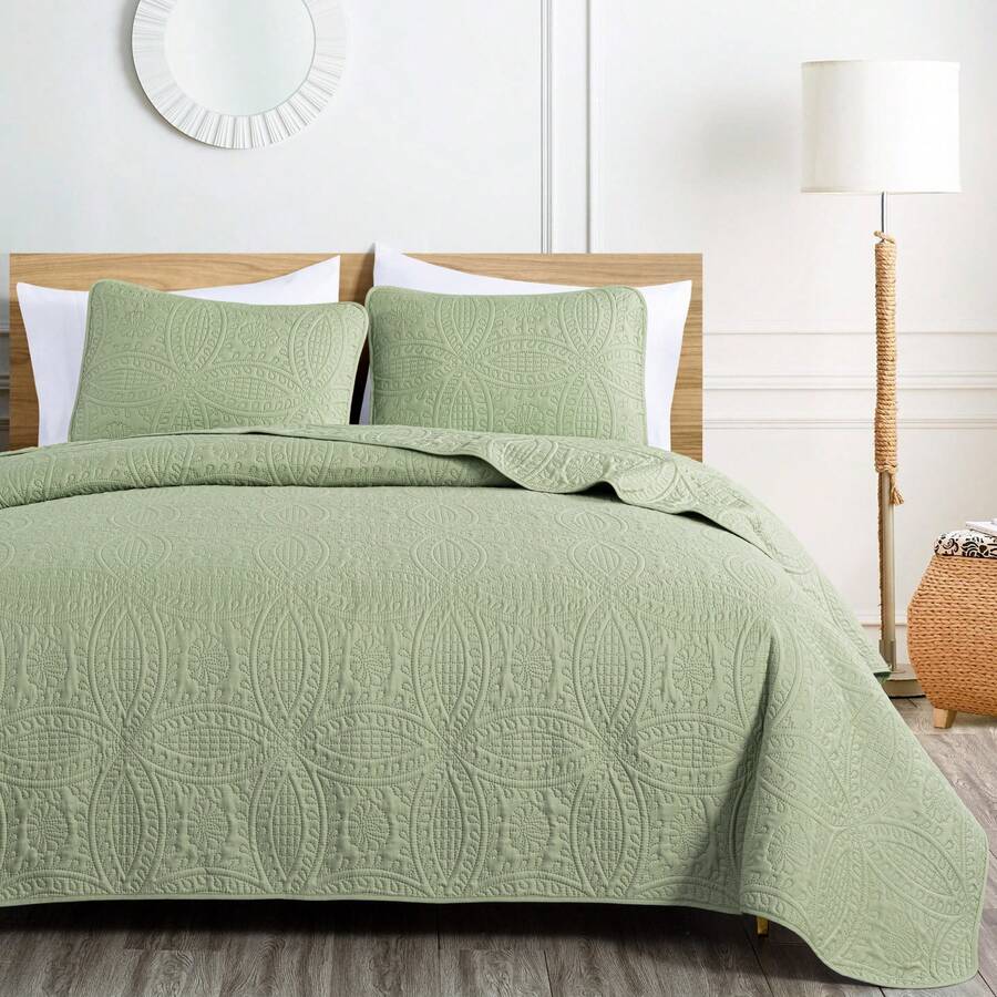 Austin Oversized Bedspread Set 3-Piece Ultrasonic Quilted Soft Lightweight Microfiber Coverlet For All Season - Sage Green - View 1