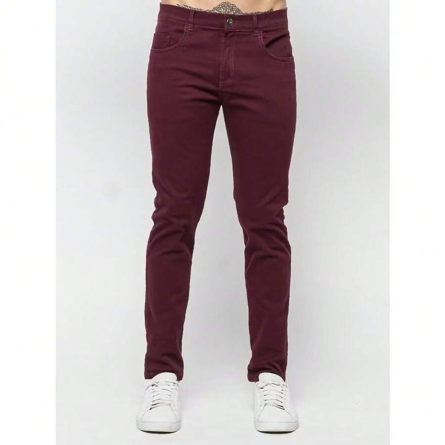 Men's Twill Pants With Elastane Lycra Various Colors Black Navy Blue Beige Caramel Lead Gray - Màu Đỏ Sâu - Xem 1