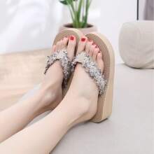 Women Elegant Beige Sandals With Woven Strap - Non-Slip EVA Sole, Mid Heel Thick Bottom, Fashion Outdoor Slippers, Casual Woven Sandals, Elegant Footwear For Summer