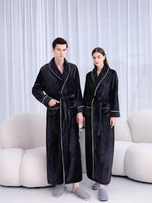 1pc Autumn/Winter Extended Thick Flannel Bathrobe, Elegant Adult Flannel Bathrobe, Summer,Holiday Home Bathroom Decor