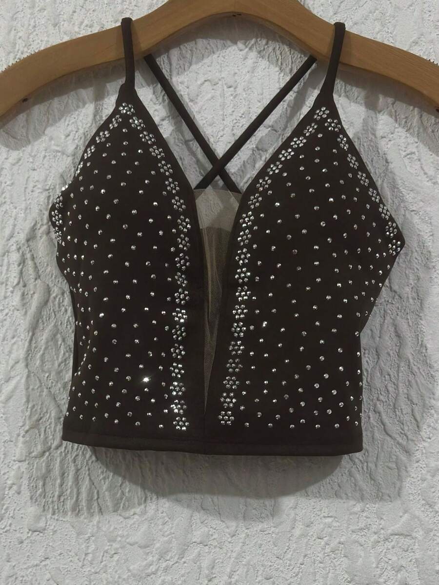 Cropped Top In Neuprene Fabric With Tulle And Extra Shiny With A Small Cup, Size 36-40 - Marrón - Ver 1