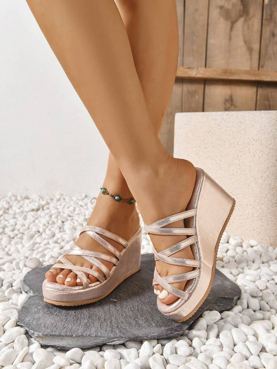 女式新款厚底露趾交叉带凉鞋尖头厚底百搭鞋 - 粉色 - 查看 1