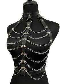 1pc Women's Black PU Leather With Metal Chain Body Decortive Strap Suitable For Halloween Holiday Party Performance Clothing Matching - Black - View 3