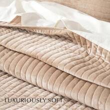 King Size Beige Taupe Velvet Quilt Set, Luxurious Soft Striped Channel Bedding, Lightweight Velvet Comforter, Oversized Bedspread Coverlet, With 2 Matching Shams, All Season - Beige Taupe - View 4