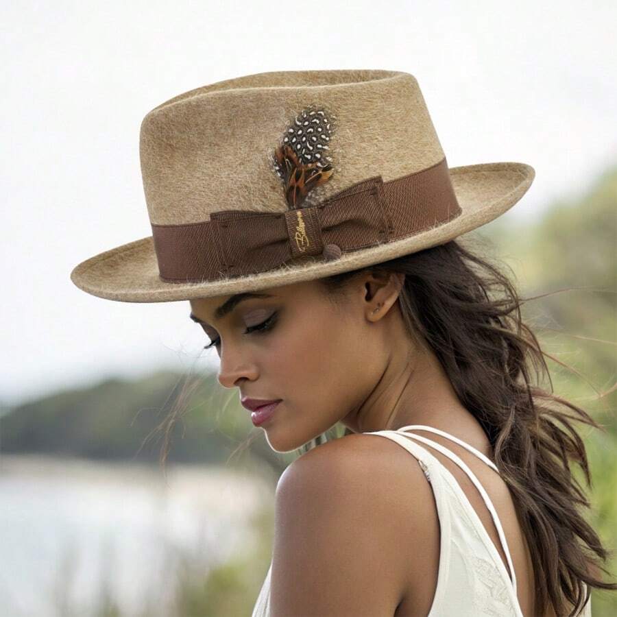 Travel Beach Sun Hat, Spring Brown Felt Hat With Feathers, Pure Wool Hat, Jazz Hat, Dark Gray Contrasting Felt Hat, Large Head Felt Hat - 棕色 - 查看 1