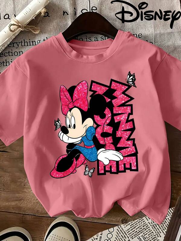 Disney Vår/sommar damtryckta grafiska t-shirts med döda rosor, avslappnad söt Disney Minnie And Butterfly Alphabet slogantryckt tjej-t-shirt, Disney-licensierad, Disney-nöjesparker, Vintage Chic, Vanlig passform, kortärmad damtopp med rund hals