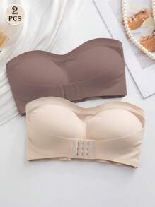 2 Pieces Front Closure Solid Color Strapless Comfort Padded Lace Bralette, Wireless Seamless Pushup Bra For Women