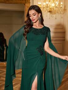 SUPGIR Women's Round Neck Batwing Sleeve Ruched Waist Slimming Dress, Handwork Pearl Beaded Hem High Slit Formal Evening Gown, Party Dress, For Wedding Guest - Dark Green - View 5