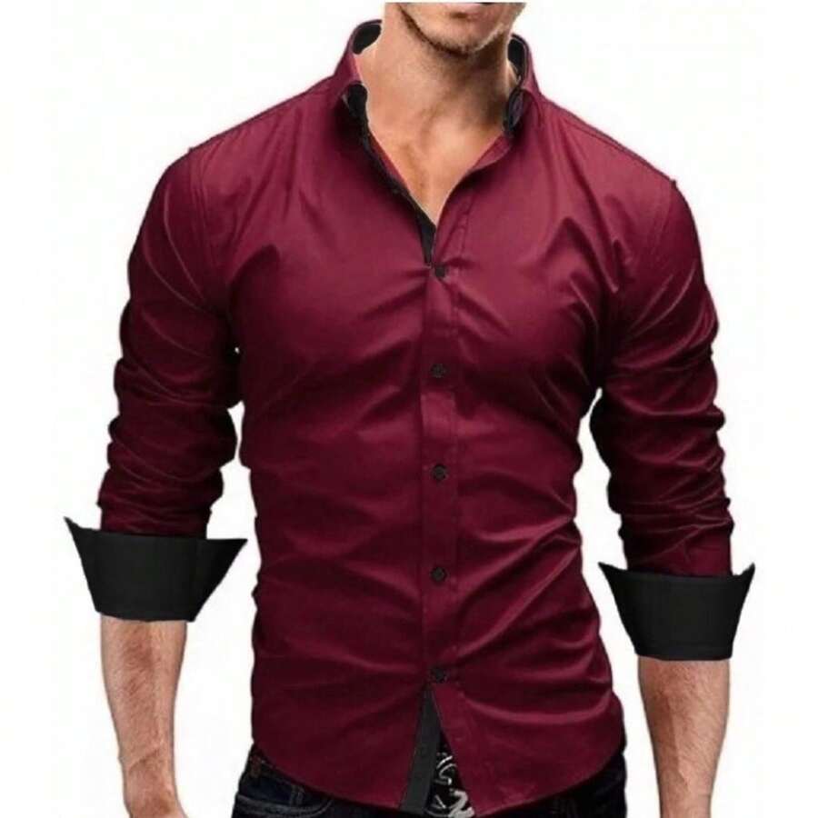 Men's Slim Fit Luxury Shirt Ready For Delivery - 酒紅色 - 查看 1