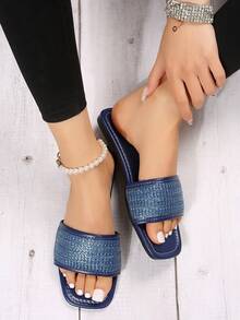 简约法式编织图案女士平底拖鞋，适合约会、购物、居家、休闲日常穿着 - 藍色 - 查看 2