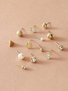 12 cặp Đồ trang trí Rhinestone & Faux Pearl  Bông tai stud - Vàng - Xem 2