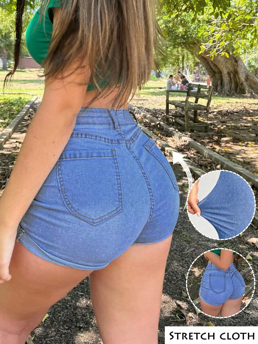 GILIPUR Pantaloni Vita Bassa Summer Women Mid-Rise Elasticity Water-Washed Denim Shorts With Rolled-Up Hem - Blue - View 1