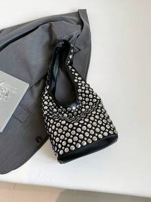 2025 Women's Black Rivet Shoulder Bag Handbag, Fashion Bucket Bag For Work & Commute - Black - View 7