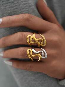 1枚/2枚简约时尚不对称心形镂空戒指，18K镀金不锈钢材质，适合日常佩戴、派对度假或作为情人节礼物。