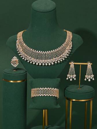 4pcs/Set Sparkling Zirconia Star Studded Teardrop Bridal Jewelry Set, Middle Eastern Dubai Style Necklace, Earrings, Ring, Bracelet For Women, Wedding/Valentine's Day Gift