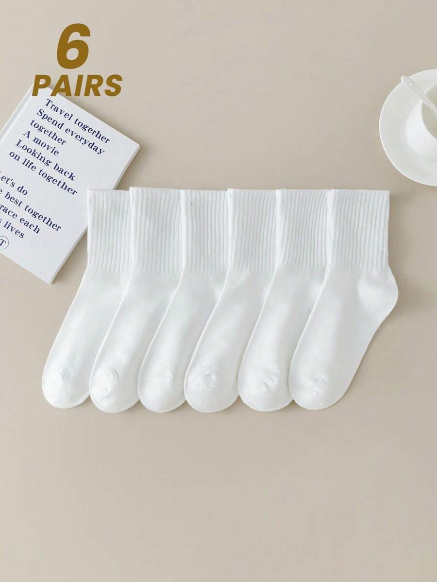 6 pares de calcetines blancos hasta la pantorrilla para mujer, calcetines deportivos casuales de unicolor de moda para primavera/verano