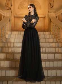 Black Sequin High Neck Puff Sleeves Mesh Skirt Prom Dress, Modest