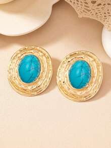 1 Pair Retro Geometric Textured Oval Faux Turquoise Shaped Elegant Elegant Ladies Earrings - Blue - View 2