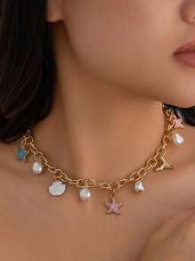 1pc Women's Starfish, Fish Tail, Seashell & Pearl Pendant Ocean Beach Style Fashion Short Necklace