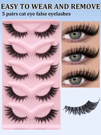 NAIJEMA 5 Pairs Cat Eye False Eyelashes, Transparent Band Fake Eyelashes, Fox Eye Lashes, Faux Mink Lashes, Natural Look Fake Eyelashes, Eyelash Extensions, Makeup False Eyelashes