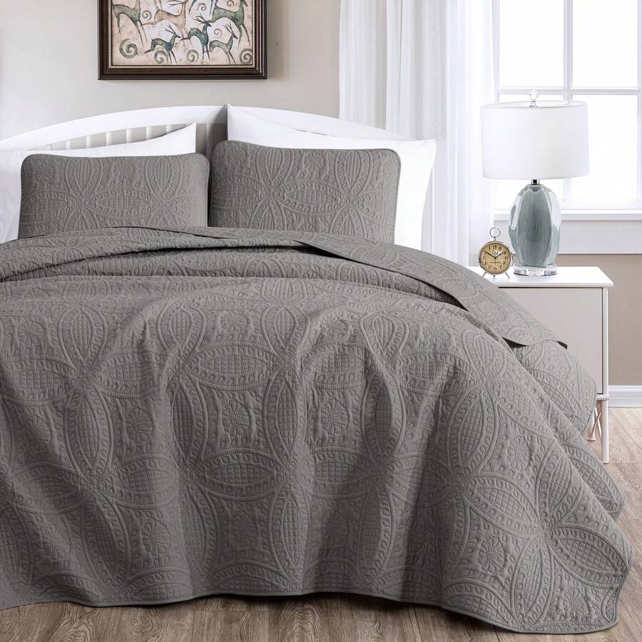 Austin Oversized Bedspread Set 3-Piece Ultrasonic Quilted Soft Lightweight Microfiber Coverlet For All Season - Grey - View 1