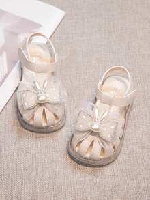 1 Pair Solid Color Fashion Simple British Style Pearl Bowknot Flat Shoes For Girl Princess - Beige - View 3