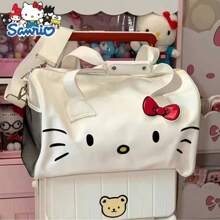Sanrio Bolso de viaje de gran capacidad con lazo estiloso de Hello Kitty de Sanrio Fashion - Bolso cruzado de hombro elegante de poliéster para mujer, estampado de animal de dibujos animados, para mujer, bolso de graduación blanco para la escuela, accesorios escolares
