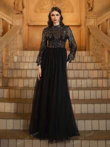 Black Sequin High Neck Puff Sleeves Mesh Skirt Prom Dress, Modest