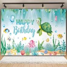 Fond de photographie d'anniversaire Monde sous-marin, poissons marins, requins, dauphins, baleines, décor de fête d'anniversaire sous-marin
