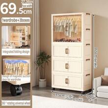 Foldable Transparent 2-Door Children Wardrobe With Drawers, Storage Cabinet Organizer Rack, No Assembly Required