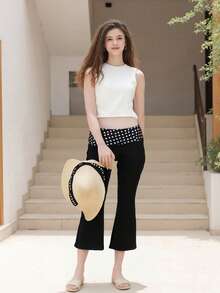 Womens Capri Pants Leggings Low Waist Dots Print Slim Fit Flare Pants Pull-On Trousers - 黑色 - 查看 2