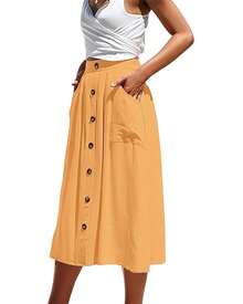 Necooer Women's Mid-Length Skirt Casual High Elastic Waist A-Line Pleated Mid-Length Skirt With Pocket - 黃色 - 查看 1