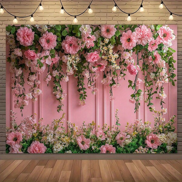 1 Elegant Pink Rose And Vine Wall Background With Hanging Roses And Leaves - Dreamy Wedding Photography Background, Made Of Polyester Material, Perfect For Birthdays, Mother's Day, Spring Celebrations, Indoor/Outdoor Decoration, Event Decoration | Elegant Floral Design | Soft Fabric, Wedding Decoration