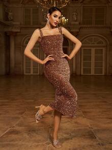 Missord Sequin Square Neck Sleeveless Dress - Brown - View 6