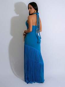 Women's Elegant Dignified Fitted Fringed Blue Cocktail Party Dress