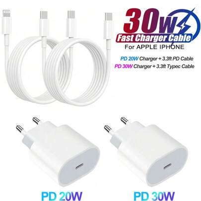 1 conjunto de carregador de tomada UE, carregador rápido PD 30W, carregador de parede multifuncional de proteção, cabo de carregamento USB C tipo C de 3,3 pés compatível com Apple iPhone 16Promax/16pro/16/15plus//15pro/15 e dispositivos tipo C e carregador de parede PD20W compatível com iPhone, carregador rápido com cabo de carregamento USB C para Lightning de 3,3 pés, adaptador de energia USB C de 20W compatível com iPhone 14/Plus/13/12/11/Pro Max/Mini/iPad, adequado para viagens, escritório, dormitório e casa