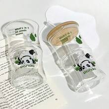 1 件熊猫印花玻璃竹节杯 - 可爱风格，生动的熊猫图案，竹形设计，带吸管细节的木盖，可用于盛放饮料、母亲节礼物和日常饮用 - 彩色 - 查看 4