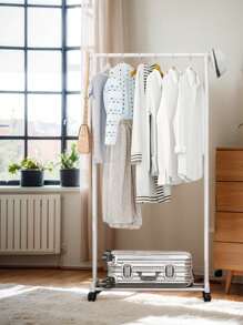 1pc Easy Assemble Floor Standing Drying Rack, Single Rod Double Rod Storage Rack, Garment & Hat Rack, Balcony Drying Rack With Swivel Wheels, Movable Storage Organizer