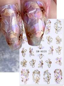 4片优雅彩色蓝色花朵美甲贴纸，花卉线条美甲贴花，金箔3D滑动美甲装饰，适合春夏美甲用品 - 彩色 - 查看 2