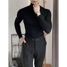 Men's Ribbed Shirt Blouse, High Neck, Long Sleeve, Old Money Style, Premium Knit - 黑色 - 查看 2