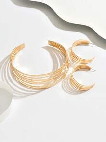 2pcs Stylish Geometric Line Tassel Design Necklace & Earrings Jewelry Set, Elegant Party & Daily Wear Exaggerated Metallic Statement Accessory - Yellow Gold - View 2